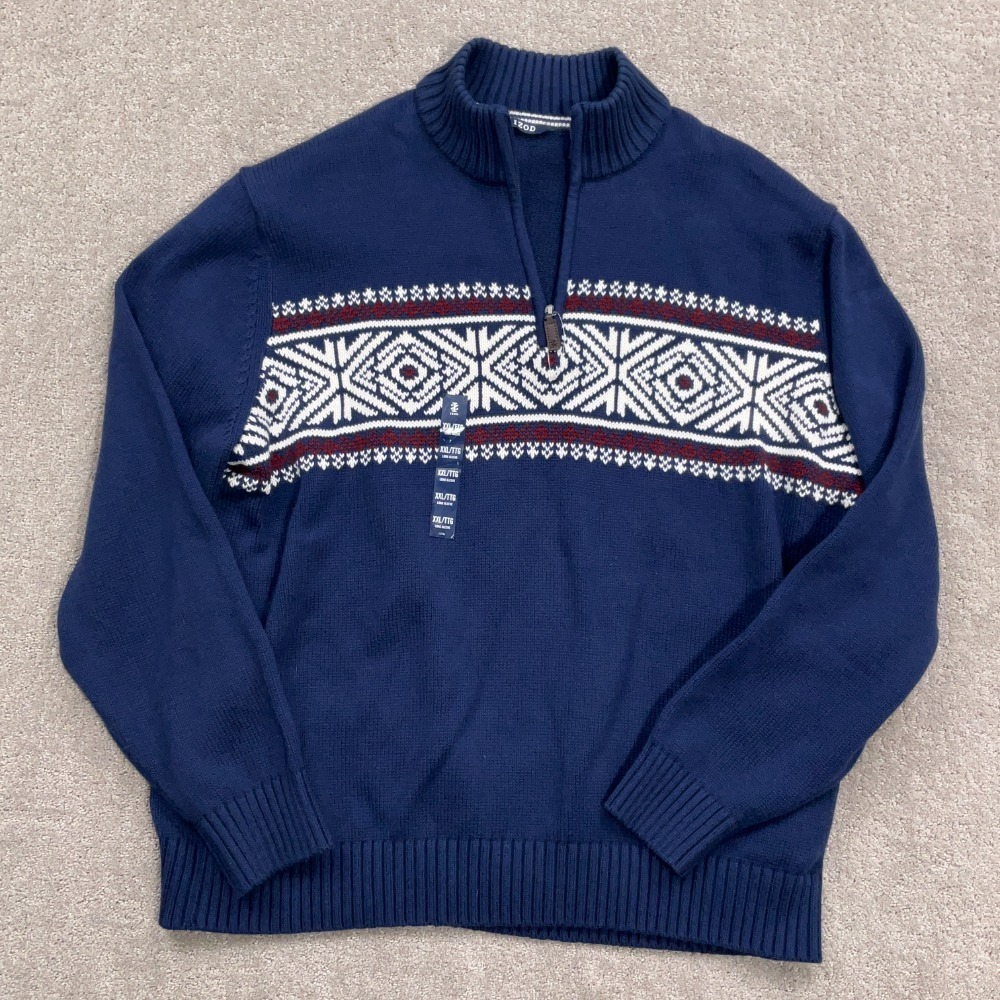 IZOD Sweater Men 2XL Blue Fair Isle Pullover Nordic 1/4 Zip Cotton Ski Winter